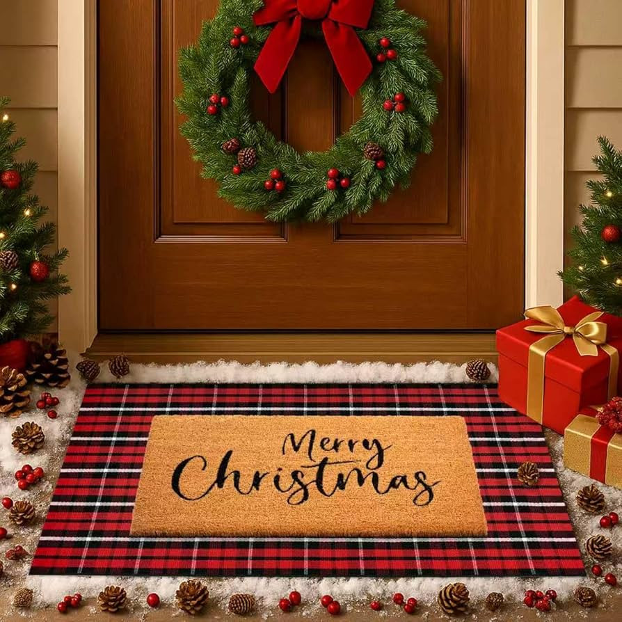 Christmas Door Mat Set, 2-Piece Layered Front Porch Welcome Mat Combo with Red Black White Check ... | Amazon (US)