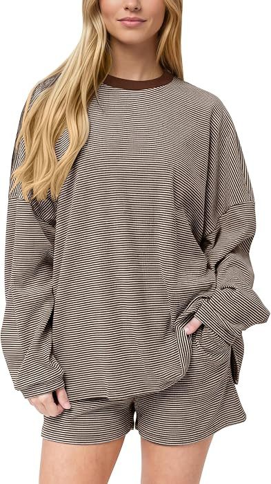 MISSACTIVER Women's Striped Lounge Set Long Sleeve Tee Shirts Drawstring Wide Leg Shorts Matching 2 Piece Pajamas Set | Amazon (US)