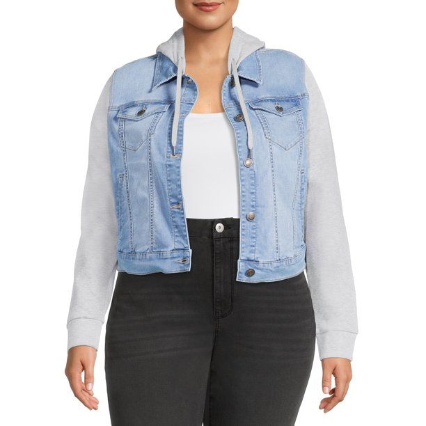 Wax Jean Juniors' Plus Size Denim Jacket with Fleece Hood and Sleeves - Walmart.com | Walmart (US)