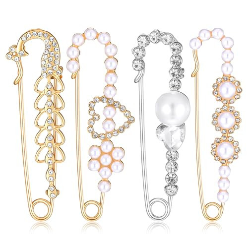4 Pieces Pearl Brooch Pins, Faux Crystal Decorative Safety Pins for Clothing Sweater Shawl Pin and Brooches Pearl Safety Pin for Women Dress Pants Scarf Skirt Cardigan Collar | Amazon (US)