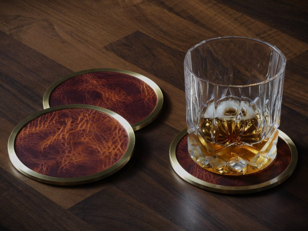 Leather & Brass Coaster, Solid Brass Coaster With Italian Leather Inlay - Etsy UK | Etsy (US)