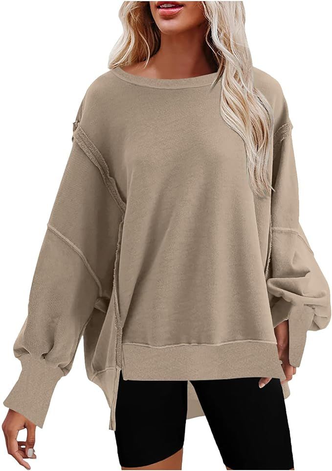 SHOPESSA Womens Oversized Crewneck Sweatshirt High Low Split Hem Shirt Drop Shoulder Hoodie Casua... | Amazon (US)