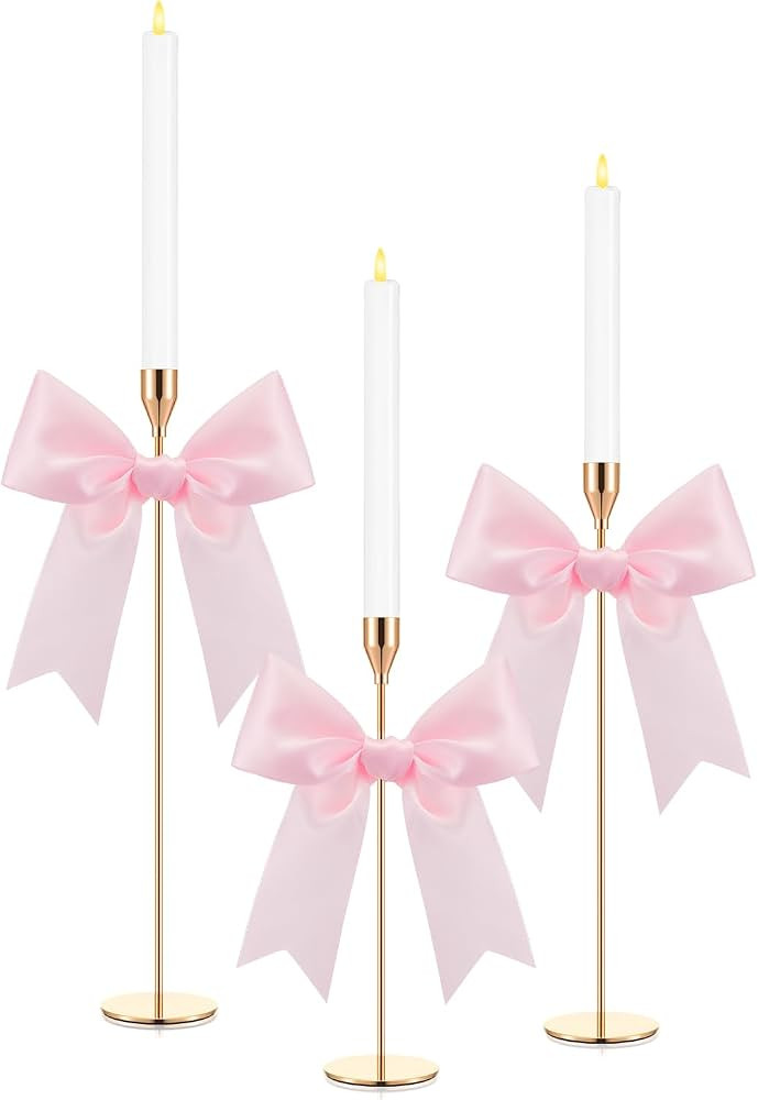Mumufy 3 Pcs Gold Taper Candle Holders with Pink Bow Metal Candlestick | Amazon (US)