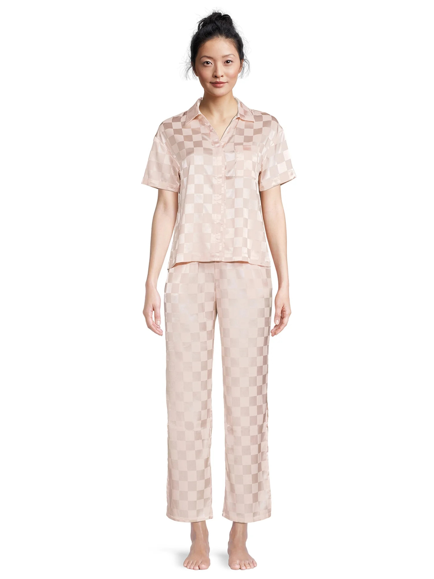 Lissome Women's and Women's Plus Satin Checkered Boxy Crop Top and Pants Sleep Set, 2-Piece | Walmart (US)