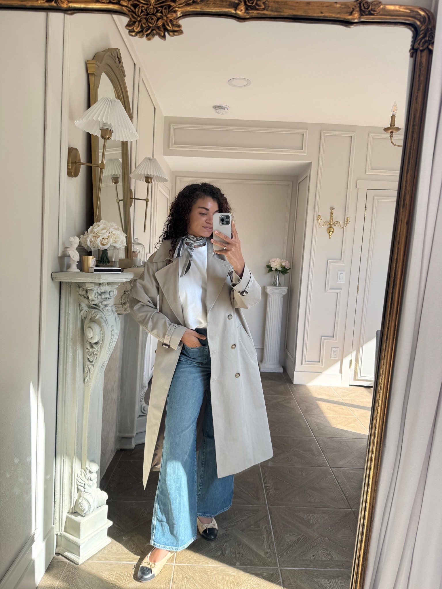 Spring outfit: jeans, white t-shirt, trench coat, ballet flats, silk scarf 

#LTKootd