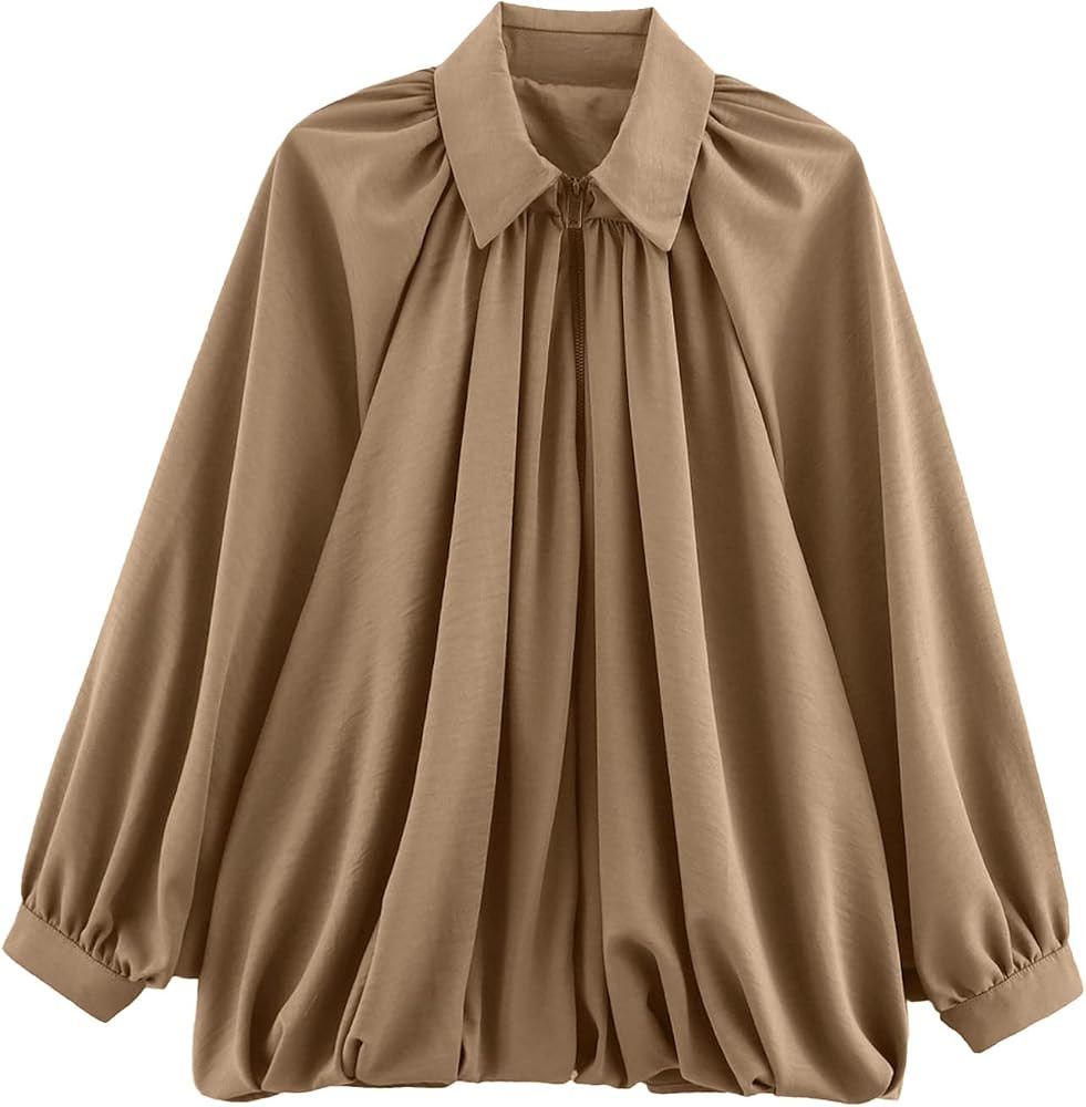 Kissonic Women's Puffed Bomber Jacket Lapel Collar Batwing Sleeve Zip Front Oversized Pleated Shi... | Amazon (US)