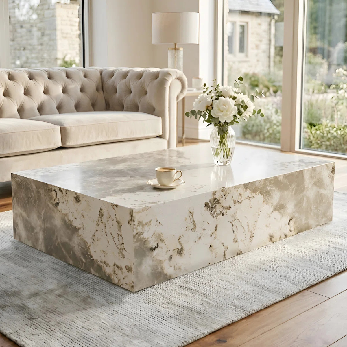 Modern Coffee Table with Faux Marble Design, Rectangular Block Coffee Table For Guest Room/Living... | Wayfair North America