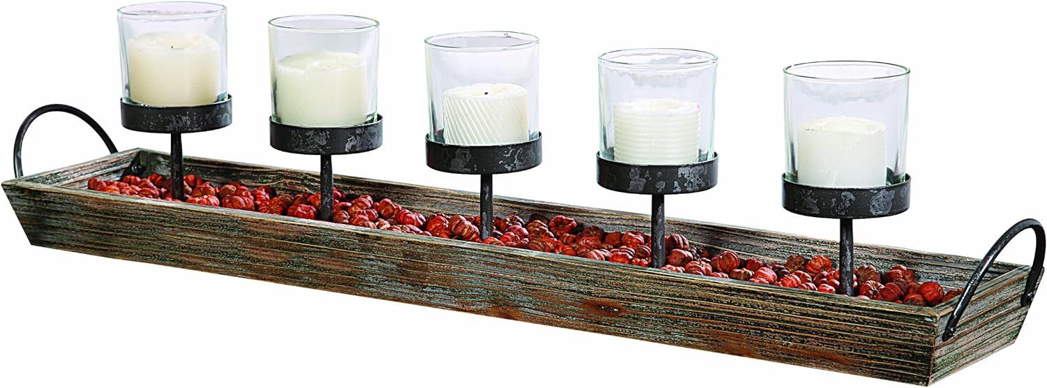 Creative Co-Op 5 Metal Votive Candle Holders in Rectangle Wood Tray with Handles | Amazon (US)