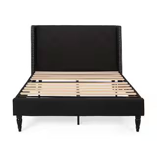 Tourmaline Traditional Queen-Size Black Fully Upholstered Bed Frame with Button Tufting and Nailhead Accents | The Home Depot