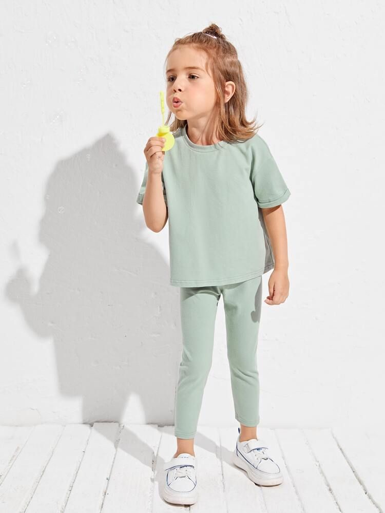 SHEIN BASICS Toddler Girls Solid Roll Up Sleeve Tee & Leggings Set | SHEIN