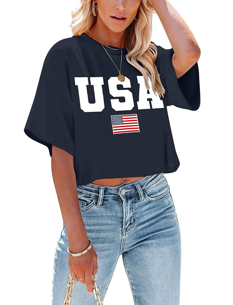 hohololo American Flag Crop Tops Women USA Crop Shirt Patriotic 4th of July Tee Memorial Day Tshi... | Amazon (US)