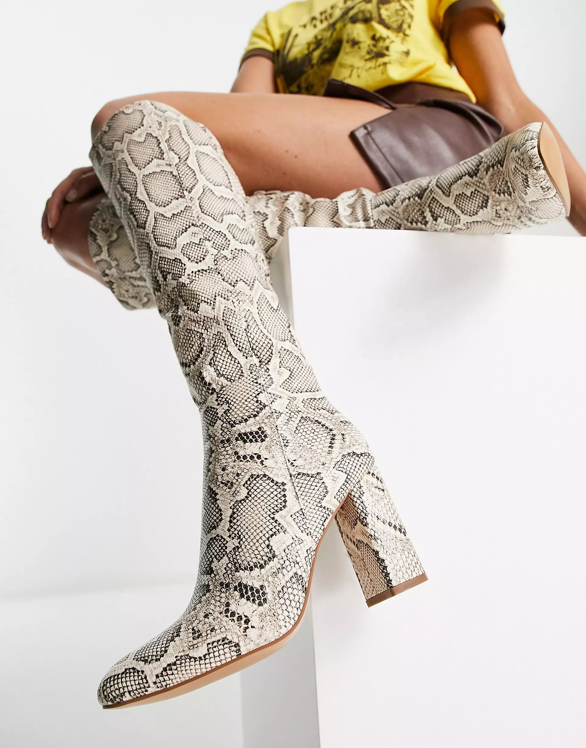 Schuh Dakota knee boots in natural snake print | ASOS (Global)