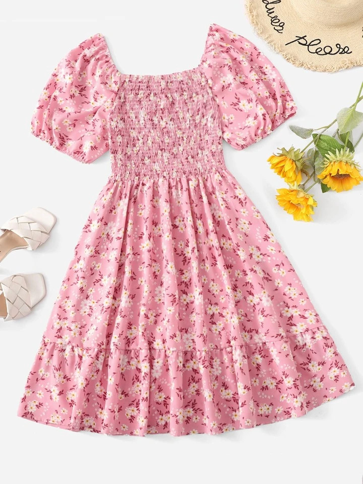 SHEIN WYWH Plus Floral Print Shirred Puff Sleeve Ruffle Hem Dress | SHEIN