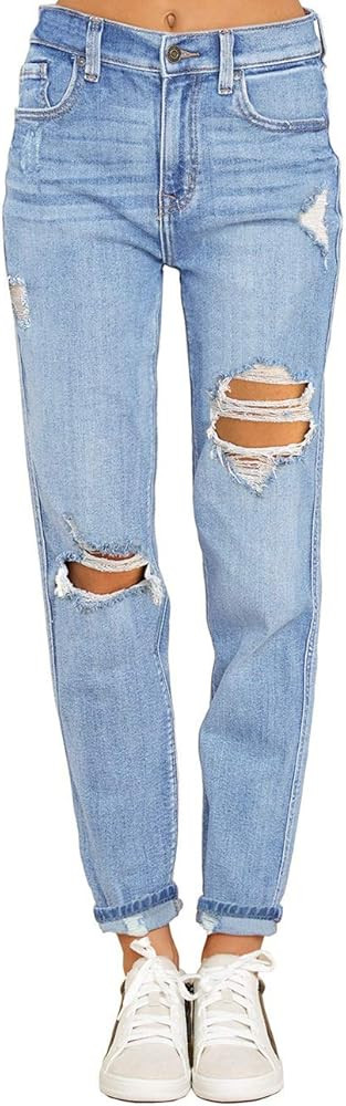 Vetinee Women's High Rise Destroyed Boyfriend Jeans Washed Distressed Ripped Denim Pants | Amazon (US)