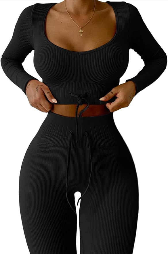 QINSEN Workout Sets for Women 2 Piece Seamless Long Sleeve Crop Tops Ribbed High Waist Leggings | Amazon (US)