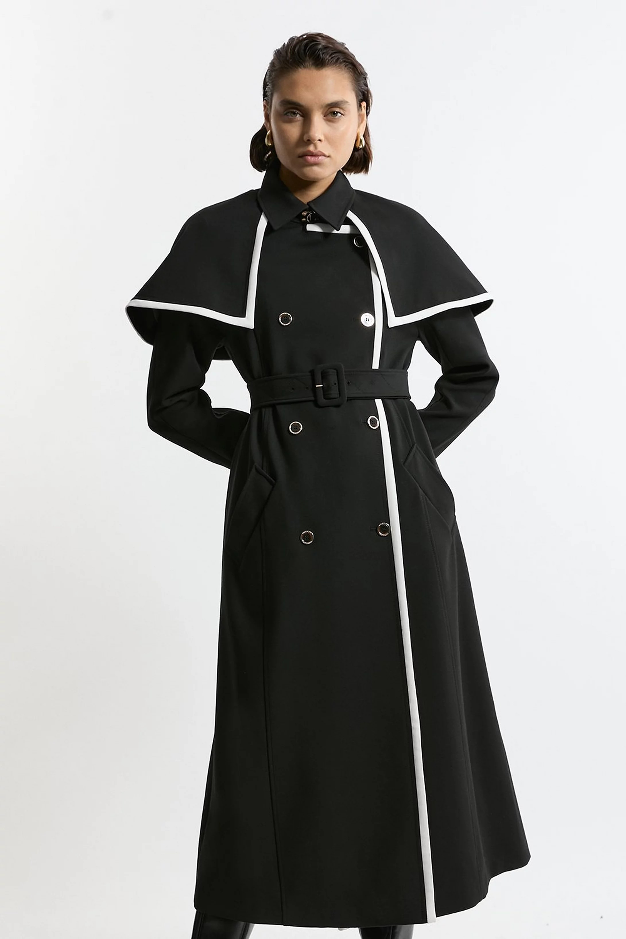 Tailored Contrast Tip Detail Cape Trench Midi Coat | Karen Millen UK + IE + DE + NL