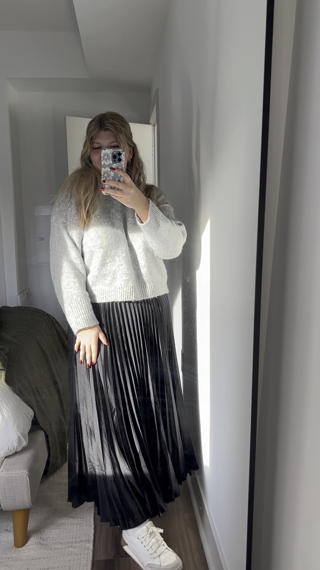 Cozy gray sweater and shiny satin black skirt combo 

#LTKplussize #LTKSeasonal #LTKmidsize