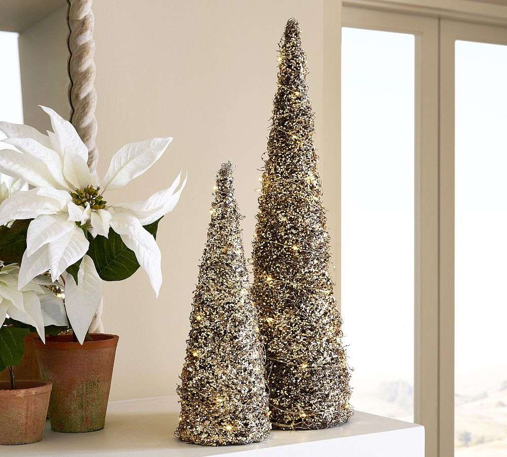 Lit Gold Glitter Cone Trees | Pottery Barn (US)