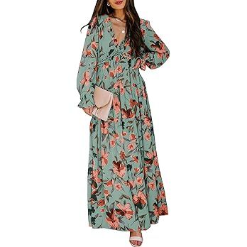 BLENCOT Womens Casual Floral Deep V Neck Long Sleeve Long Evening Dress Cocktail Party Maxi Weddi... | Amazon (US)