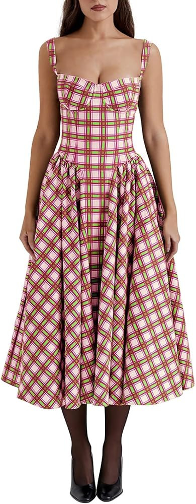 KEERADS Womens Corset Dress Elegant Spaghetti Strap Bustier Midi Dress Flowy Pleated Hem Low Cut Prom Dresses with Pockets | Amazon (US)