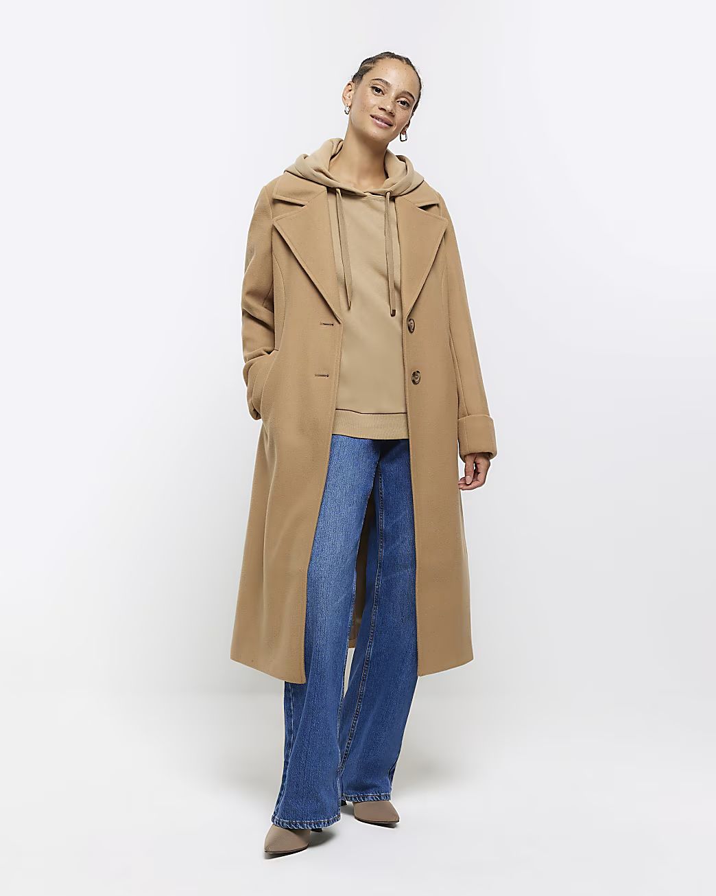 Brown button front longline coat | River Island (US)