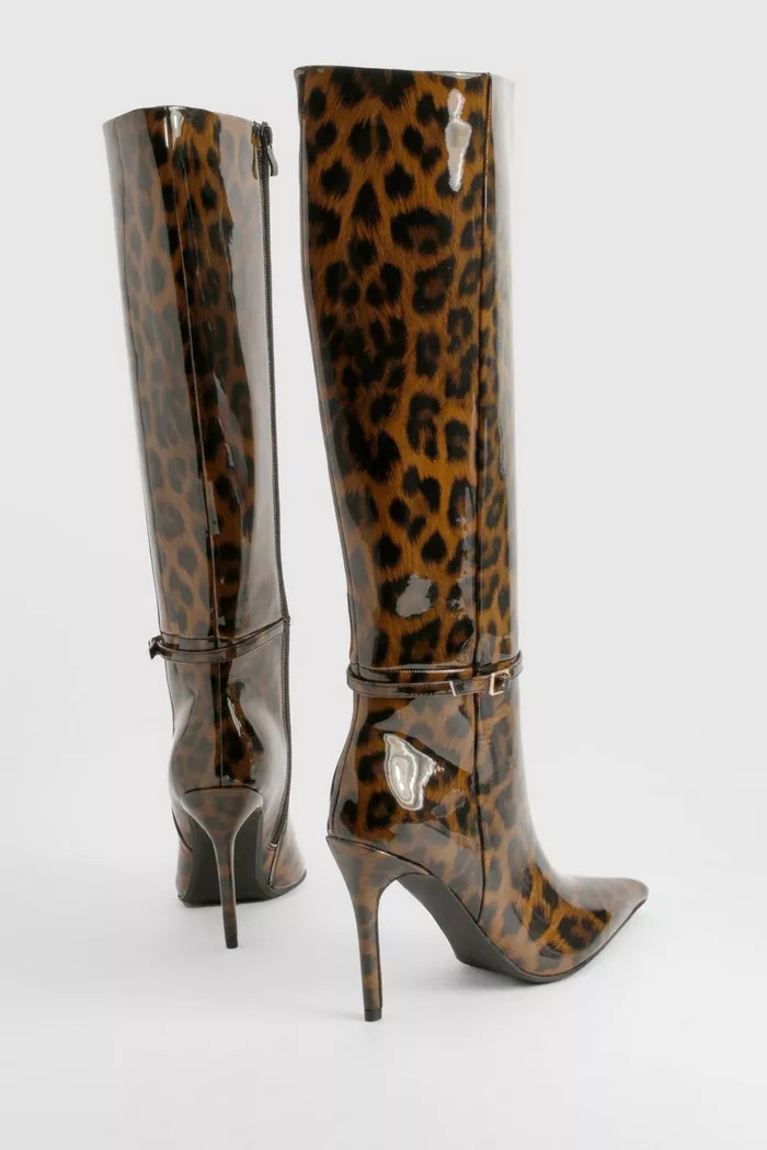 Leopard Stiletto Pointed Knee High Boots | boohoo (US & Canada)