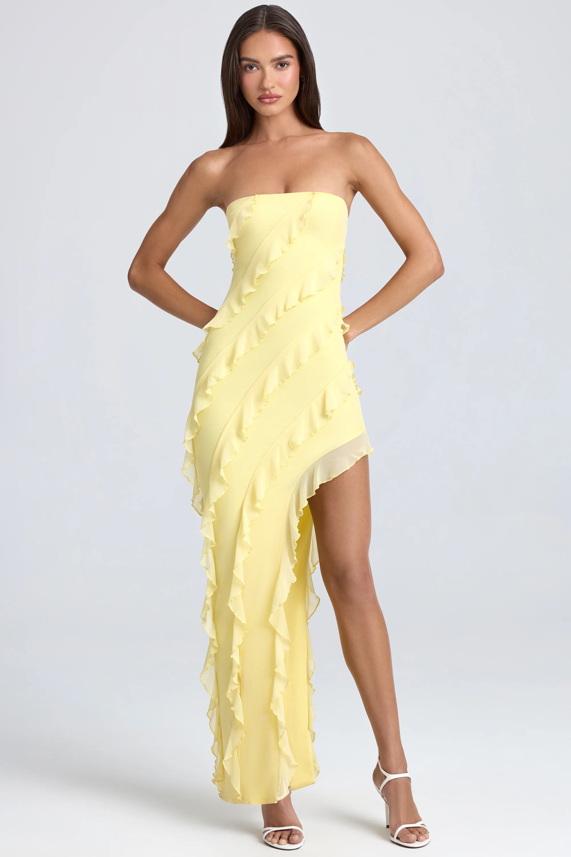 Bandeau Ruffle-Trim Maxi Dress in Lemon Sherbet | Oh Polly
