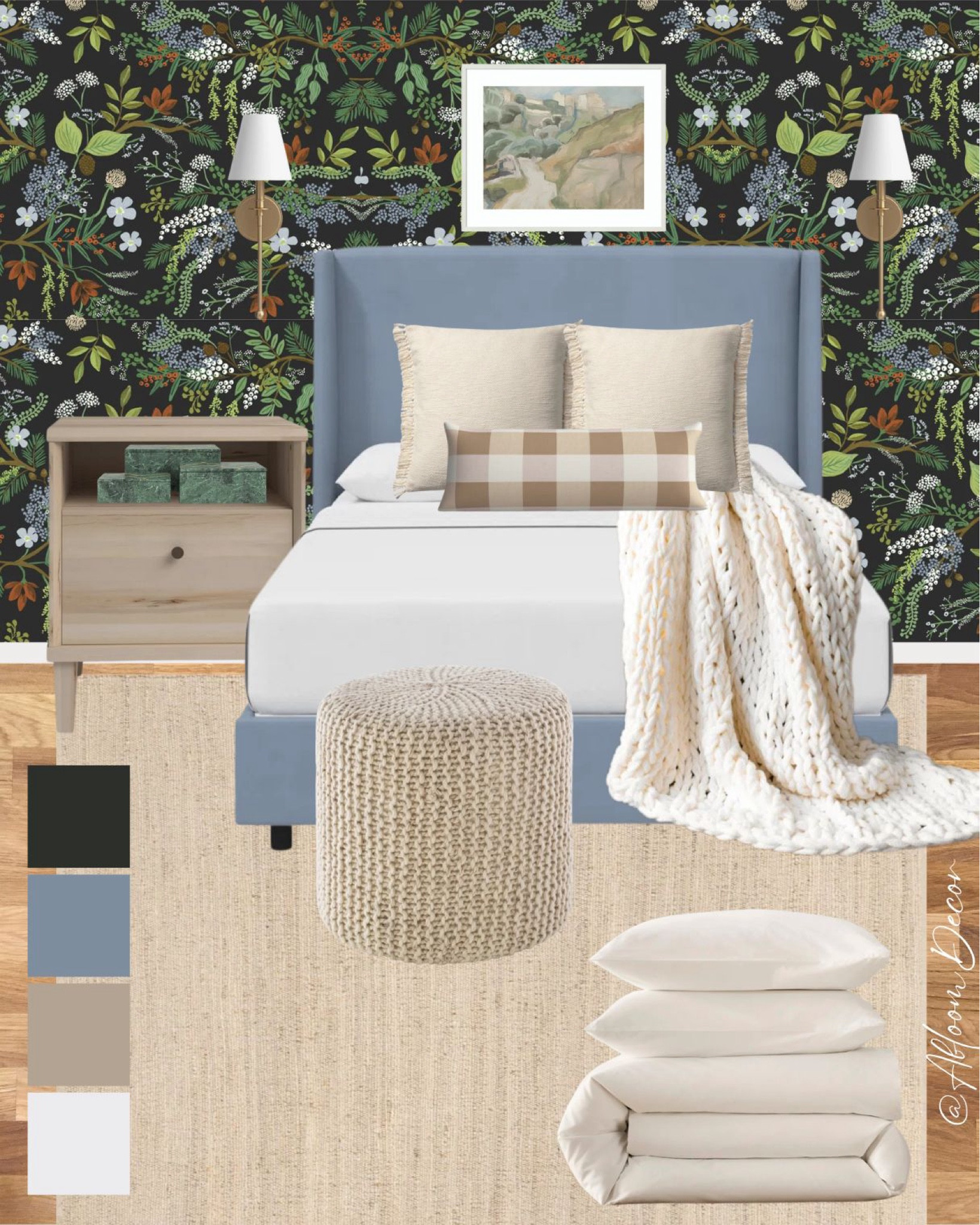 This serene bedroom pairs a calming blue bed frame with a floral wallpaper that adds a natural, woodland-inspired touch. The light, neutral accents in the bedding, rug, and textured pouf create a soft and inviting space, perfect for relaxation and peaceful sleep.

#LTKHome