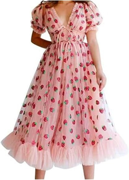 Dresses for Women Casual Summer, Fashion Women Sexy Strawberry Sweet Mesh Yarn V-Neck Pleated Lon... | Amazon (CA)