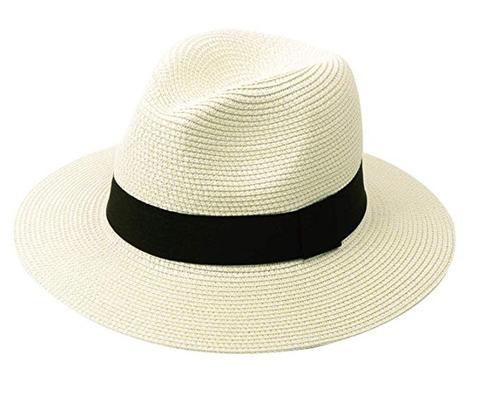 Lanzom Women Wide Brim Straw Panama Roll up Hat Fedora Beach Sun Hat UPF50+ | Amazon (US)
