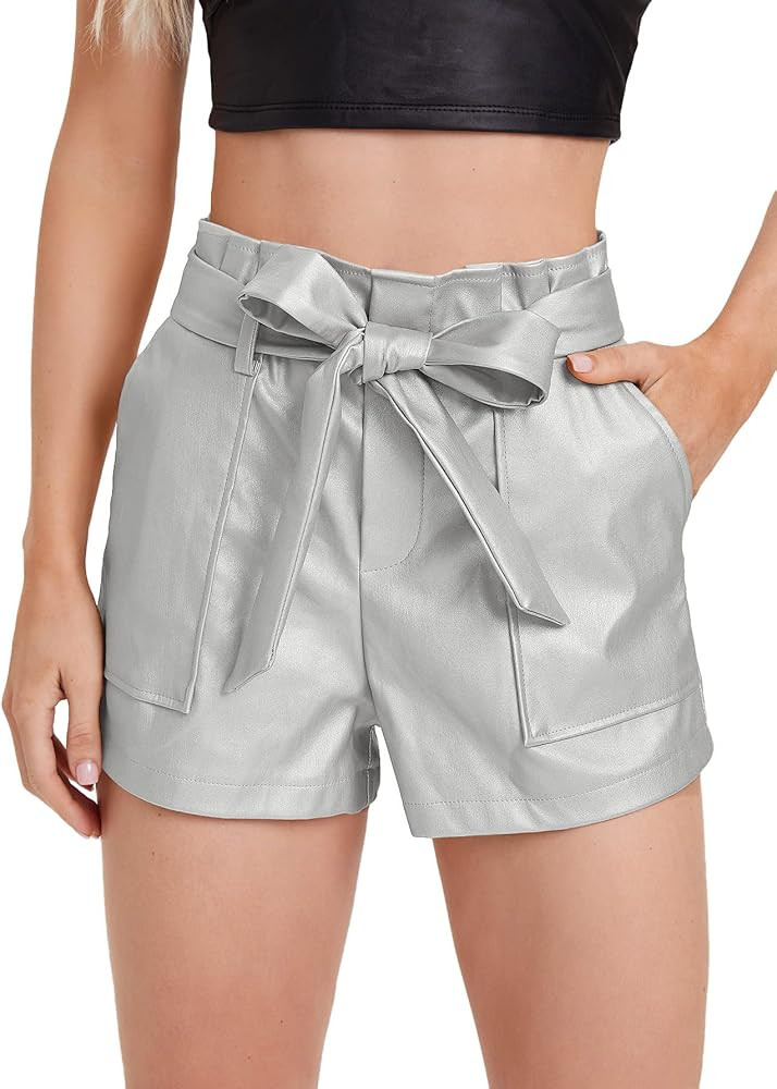 Floerns Women's Casual Belted Wide Leg High Waisted Leather Shorts with Pocket | Amazon (US)