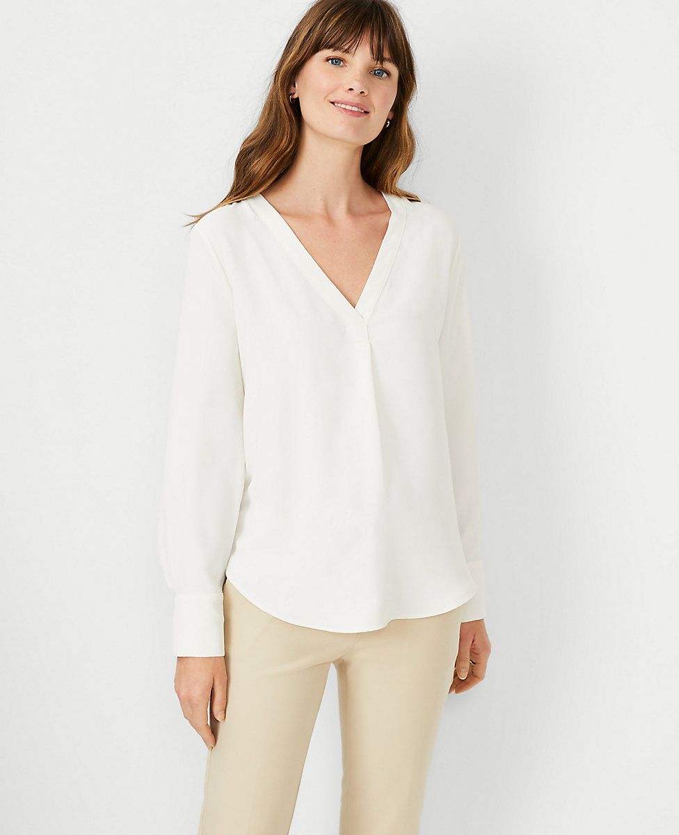 Mixed Media Pleat Front Top, Work Tops, Fall Work Tops, White Blouse, Fall Outfits | Ann Taylor (US)