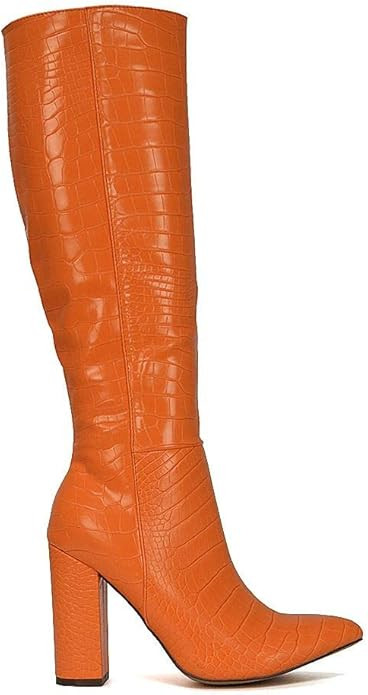 Womens Pointed Toe Block Heel Knee High Boots Ladies Synthetic Croc Embossed Party Size 5-10 | Amazon (US)