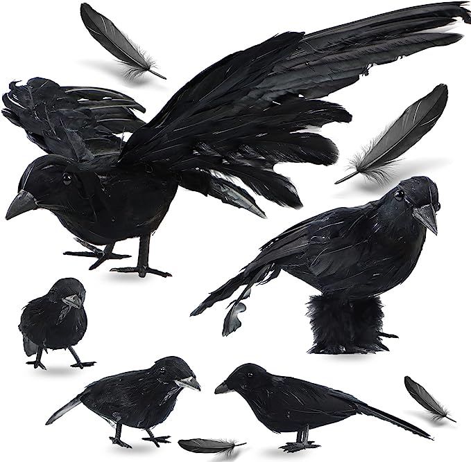 5-Pack Halloween Crow Decorations, Hyperzoo Handmade Realistic Black Crows Feathered Lifesize Rav... | Amazon (US)