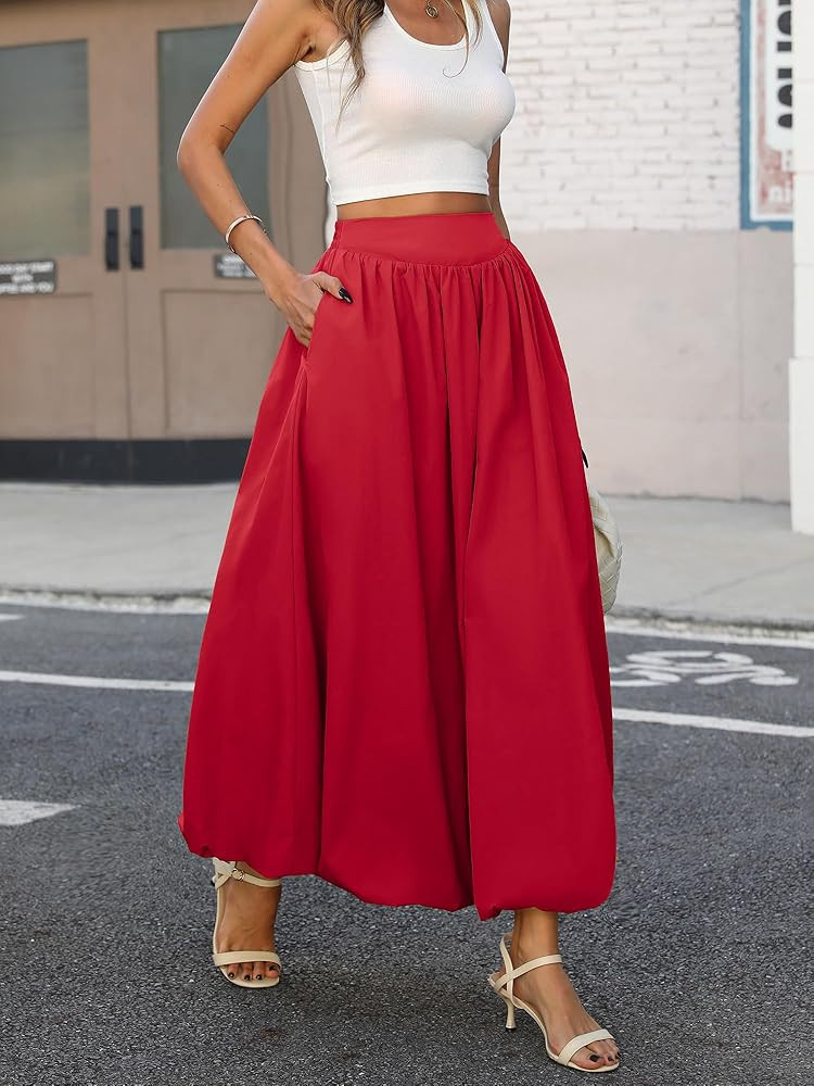 ELLEVEN Women's Bubble Maxi Skirt, Elastic Waist Puffy Hem A-Line Skirt with Pockets | Amazon (US)