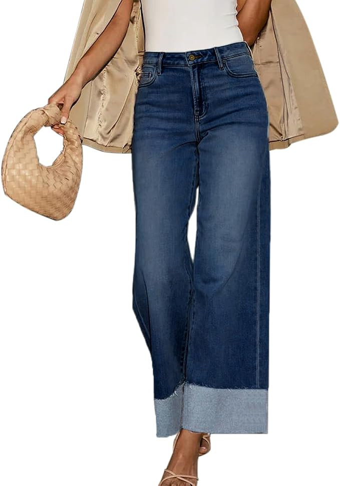 Women's High Waisted Wide Leg Jeans Stretch Frayed Raw Hem Straight Leg Boyfriend Cuffed Jeans Tr... | Amazon (US)