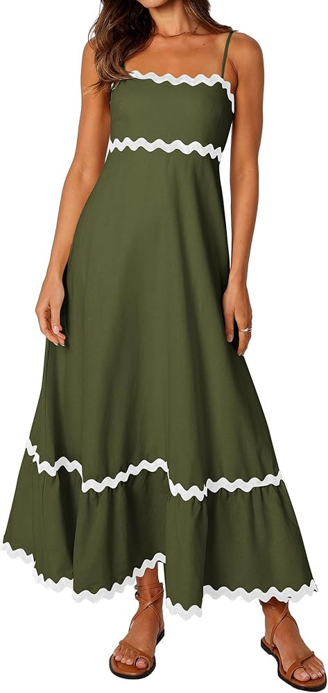 XIONGMEI Women Summer Dresses Spaghetti Straps Sleeveless Square Neck Smocked Rickrack Trim Boho ... | Amazon (US)