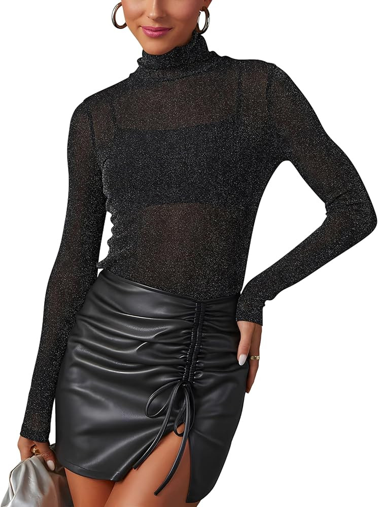 AISEW Womens Mesh Sheer Long Sleeve Glitter Tops Sexy See Through Sparkly Shirts Turtleneck Layer... | Amazon (US)