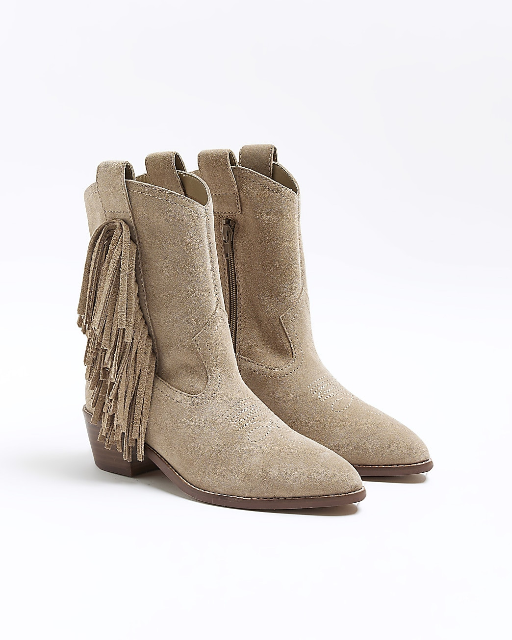 Stone suede fringe detail western boots | River Island (UK & IE)