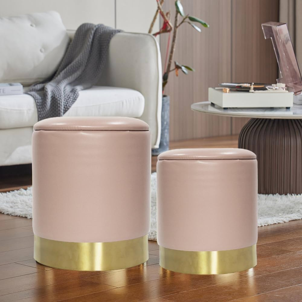 Leather Ottoman with Storage - Pink Faux Leather Storage Ottoman for Living Room, Round Leather S... | Amazon (US)