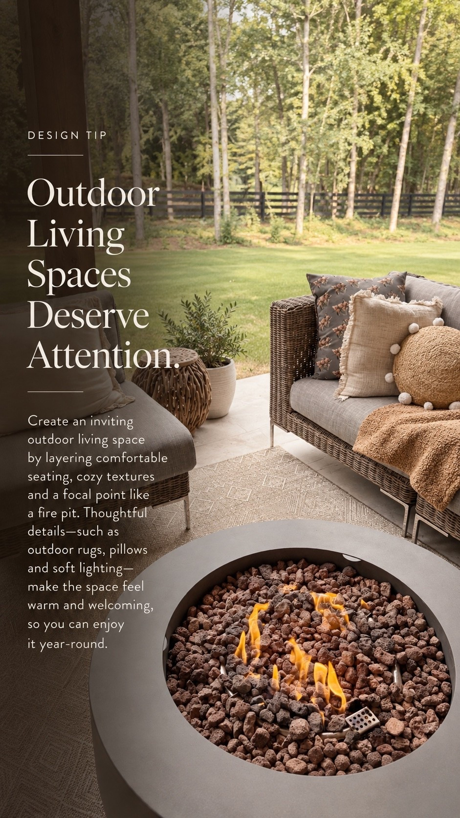 Outdoor living spaces deserve just as much attention as the rooms inside 🤎 Layer comfortable seating, cozy textiles, and natural textures around a fire pit to create a warm, welcoming space made for relaxing outdoors.

#OutdoorLiving #OutdoorDecor #PatioDesign #FirePit #PorchAndCo

#LTKHome #LTKvlog