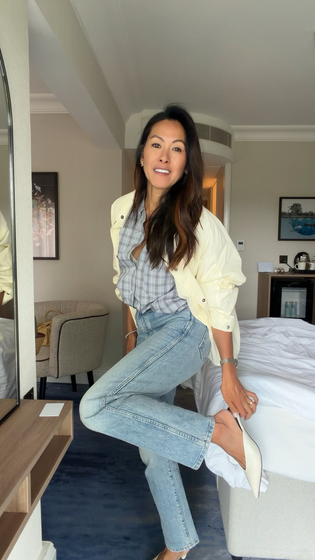 Outfit check
Jacket size small
Check shirt size medium
Khaite Abigail jeans size 26 ( also linked similar )
M&S shoes 
Loewe pre loved bag

#LTKuk #LTKsummer #LTKdatenight