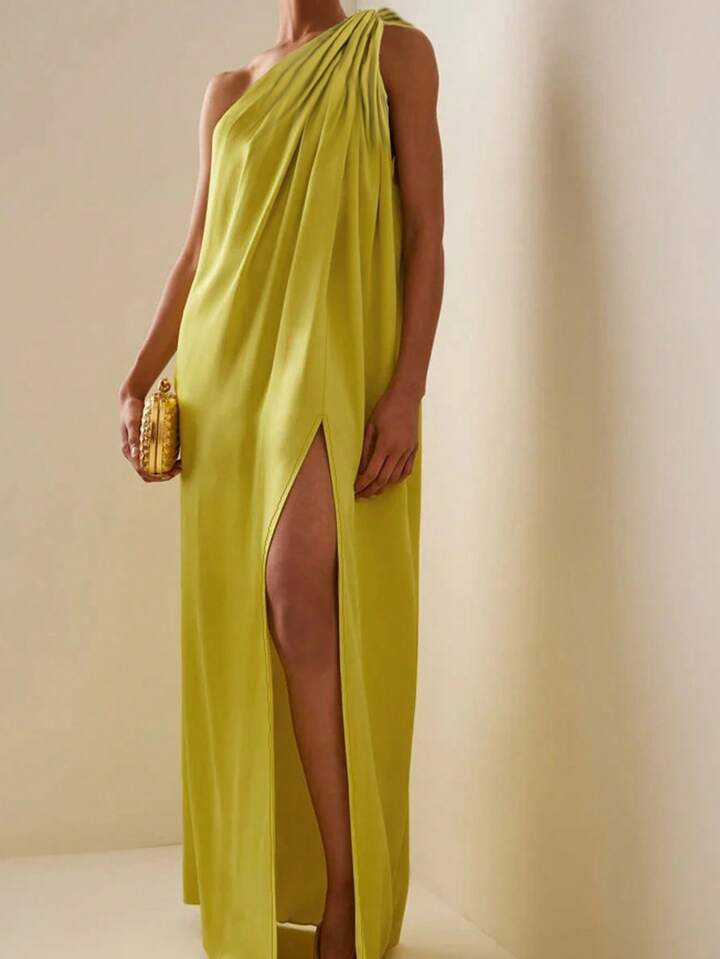 Elegant Solid Color Sleeveless One Shoulder Dress With High Slit Hem For Formal Occasion | SHEIN