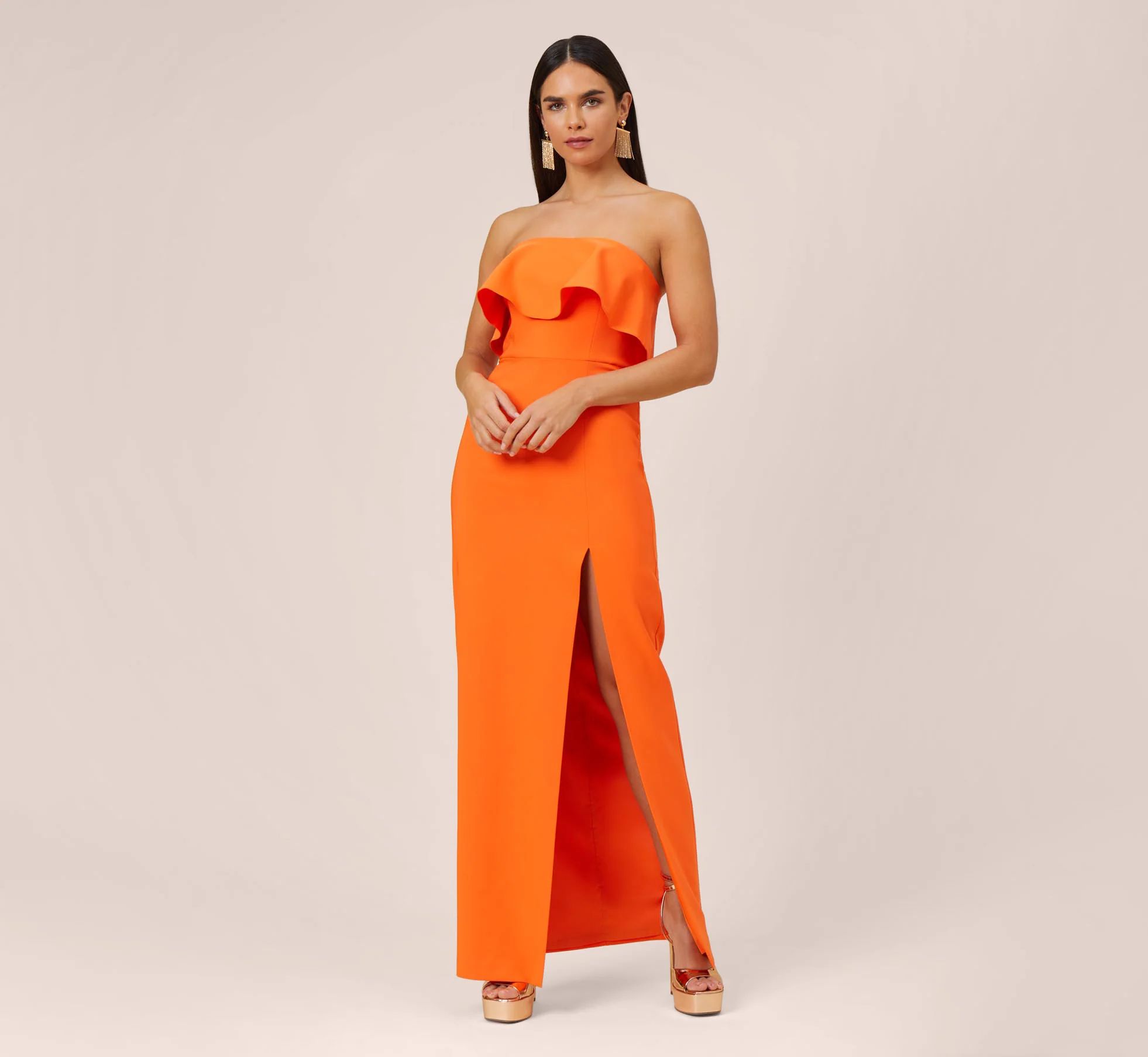 Strapless Stretch Crepe Popover Long Column Gown In Tigerlily | Adrianna Papell