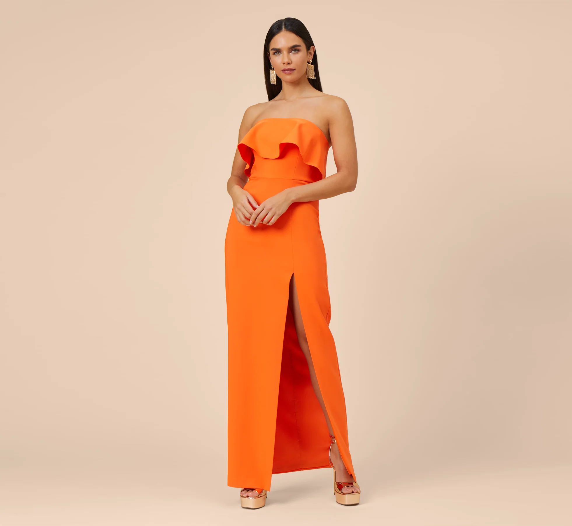 Strapless Stretch Crepe Popover Long Column Gown In Tigerlily | Adrianna Papell