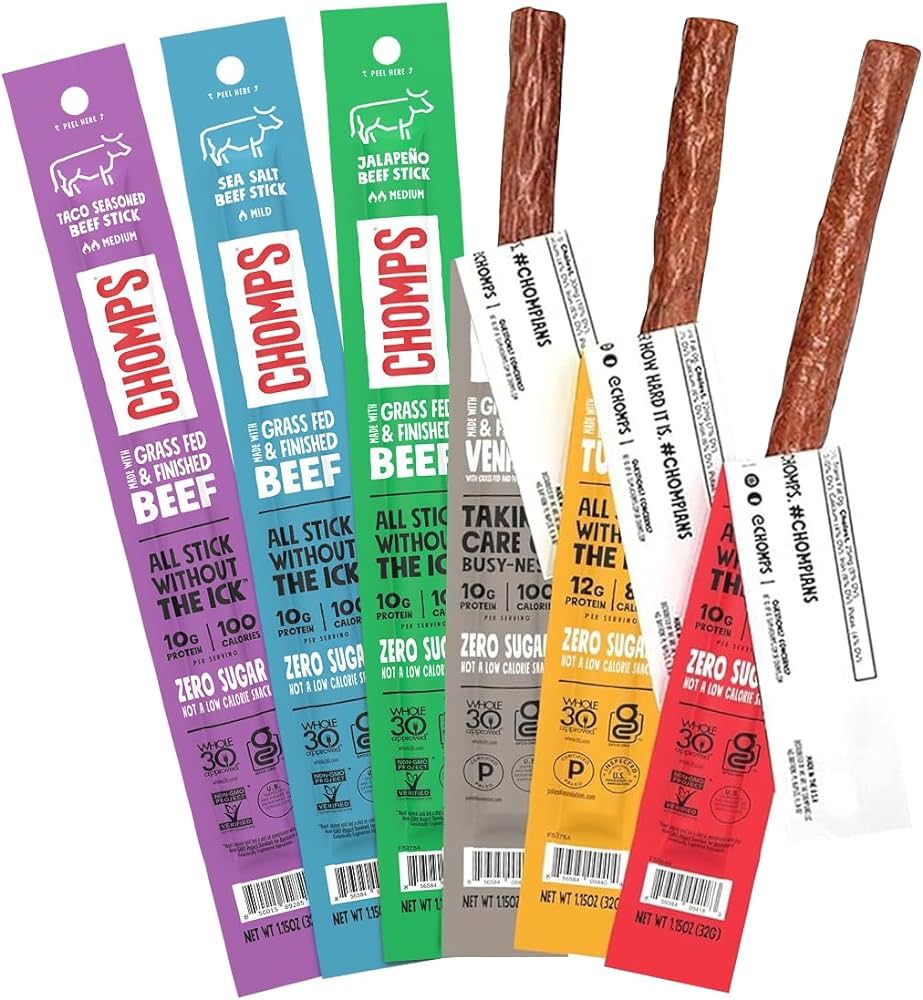 Chomps 6 Flavor Variety Trial Pack - Grass-Fed & Finished Beef and Venison & Antibiotic Free Turk... | Amazon (US)