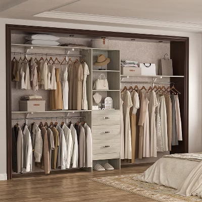 Aheaplus 120'' Adjustable Closet Organizer, Large Closet System with Storage Drawers and Hanging Rods - Washed Oak | Target