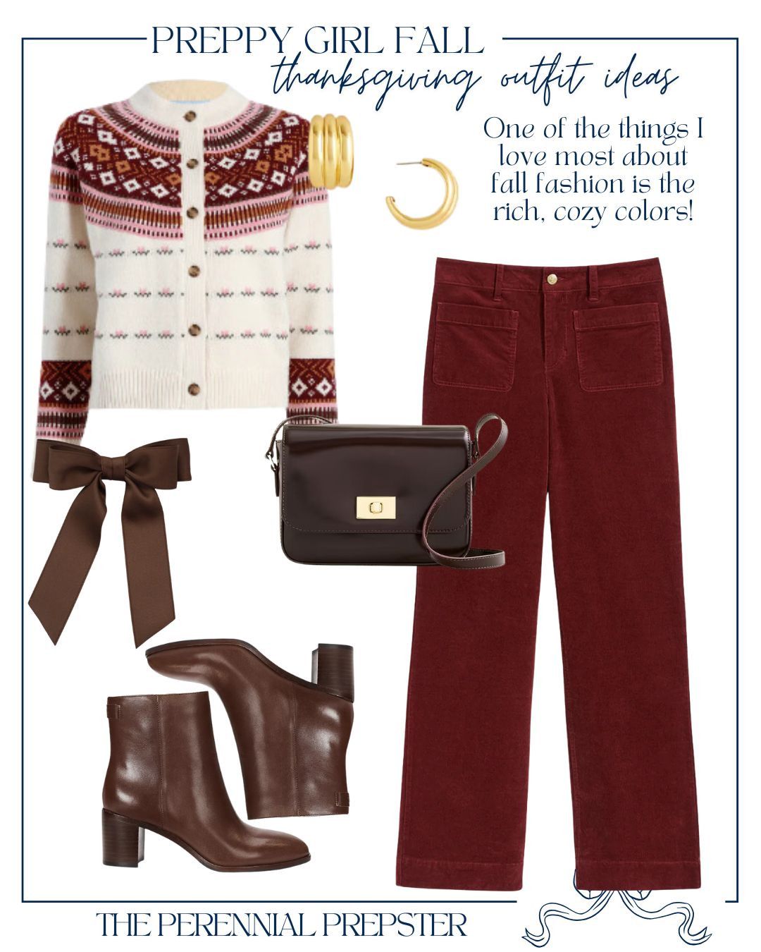 Preppy Girl Fall Thanksgiving Outfit Idea...One of my favorite things about fall fashion is the rich, cozy colors. These deep red corduroy pants paired so well with this Hill House Fair Isle sweater. I pulled the brown undertones from the sweater and style a preppy brown bow, brown booties, and a brown bag. Such a cute preppy fall look!  

 #LTKHoliday #LTKSeasonal