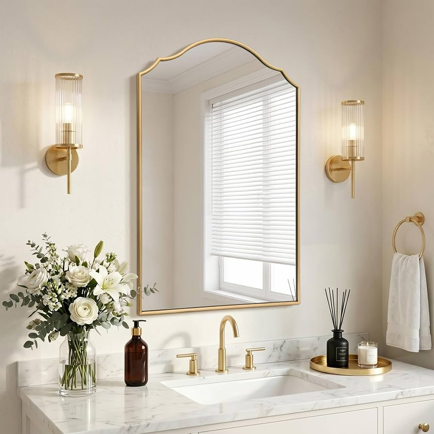 Besdomus Bathroom Mirrors for Over Sink: 24"x36" Gold Wooden Arched Mirror | Amazon (US)