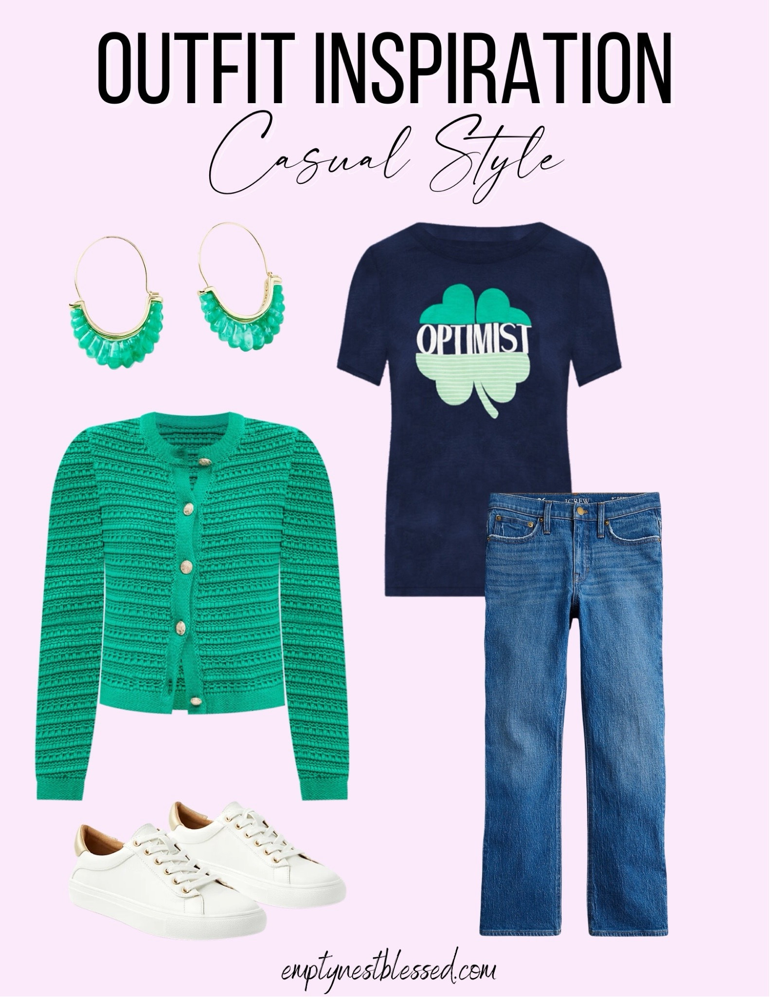 Casual and fun outfit. 💚St. Patrick’s T-shirt with cute green cardigan.  Classic white sneakers and a pop of green with an adorable pair of earrings. 

Follow my shop @emptynestblessed on the @shop.LTK app to shop this post and get my exclusive app-only content!



#LTKSeasonal #LTKstyletip #LTKsalealert